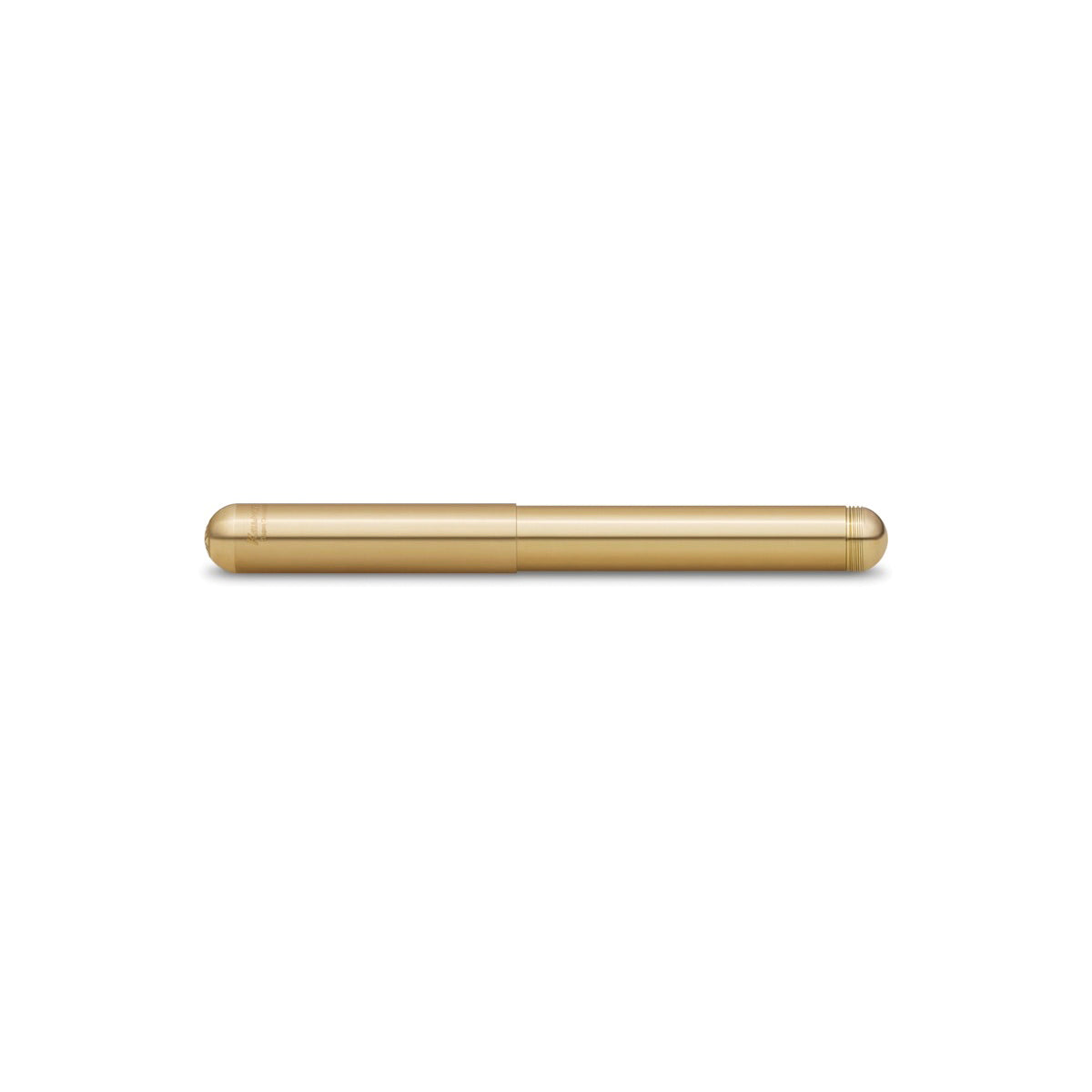 Closed gold metallic pen resting on a white background.