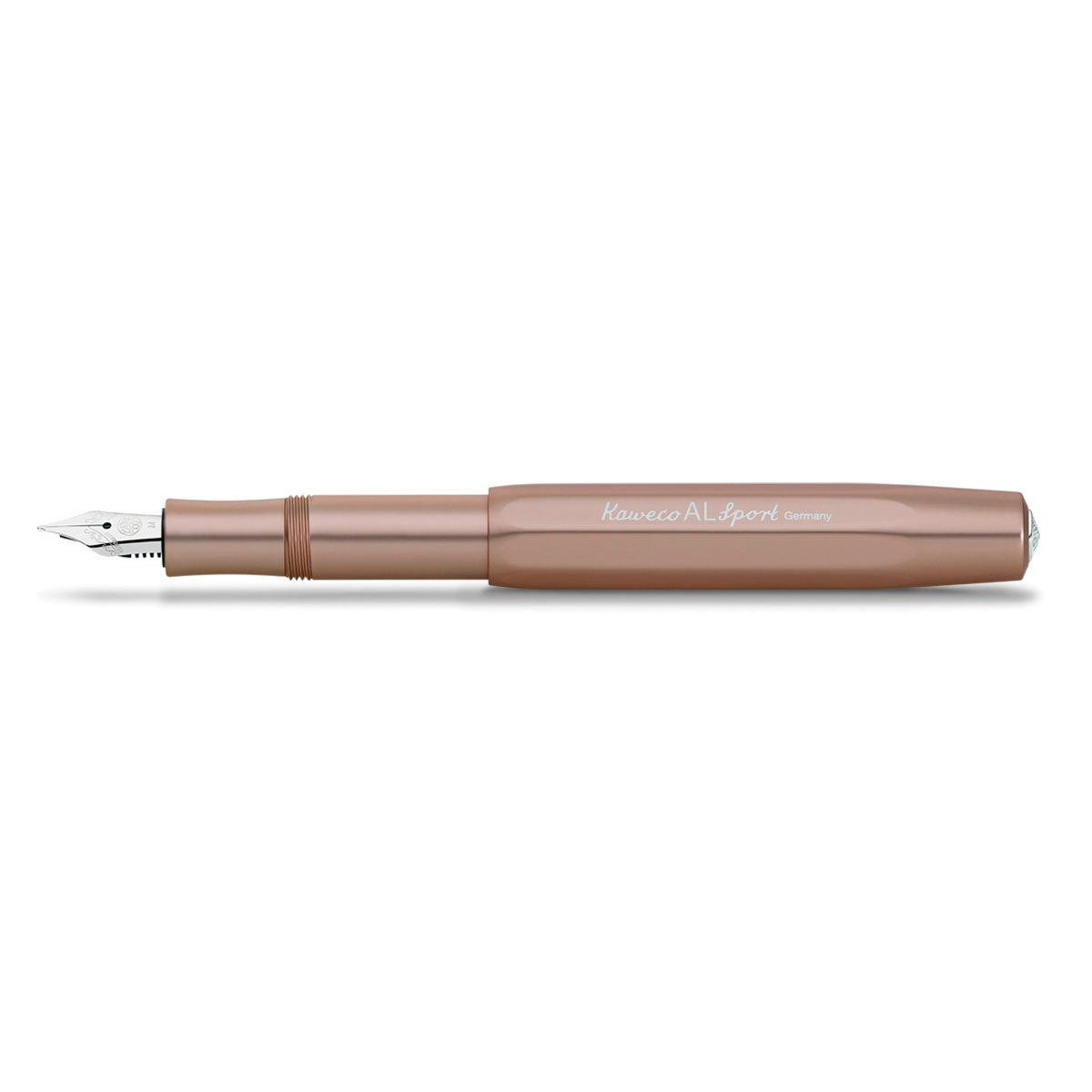 Matt rose gold fountain pen on a white background.