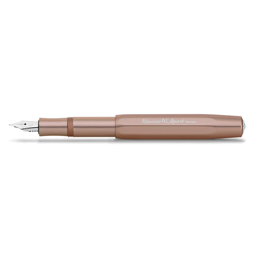 Matt rose gold fountain pen on a white background.