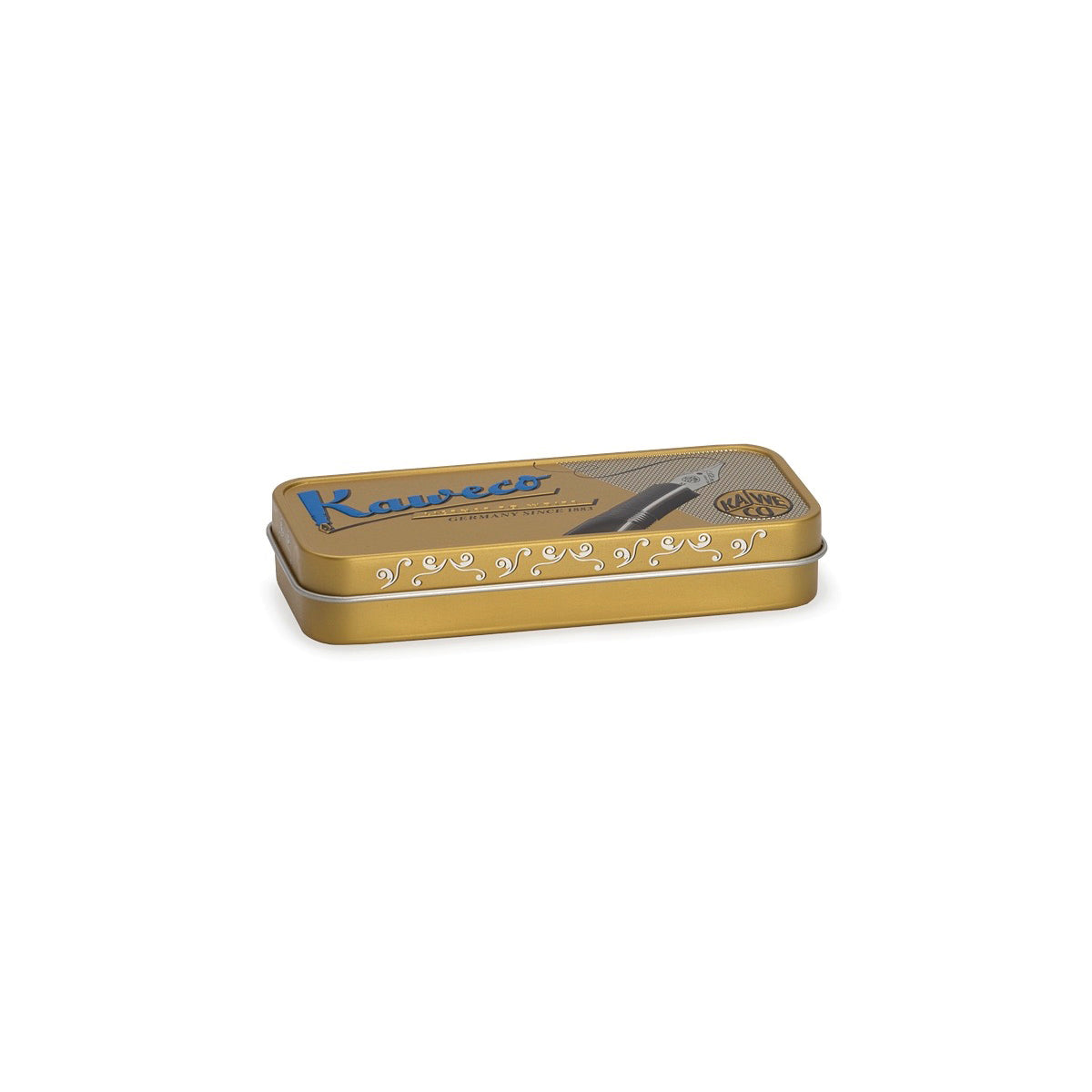 Gold tin box with a Kaweco sign, decorative accents  on the sides and an illustration of a fountain pen on the lid.