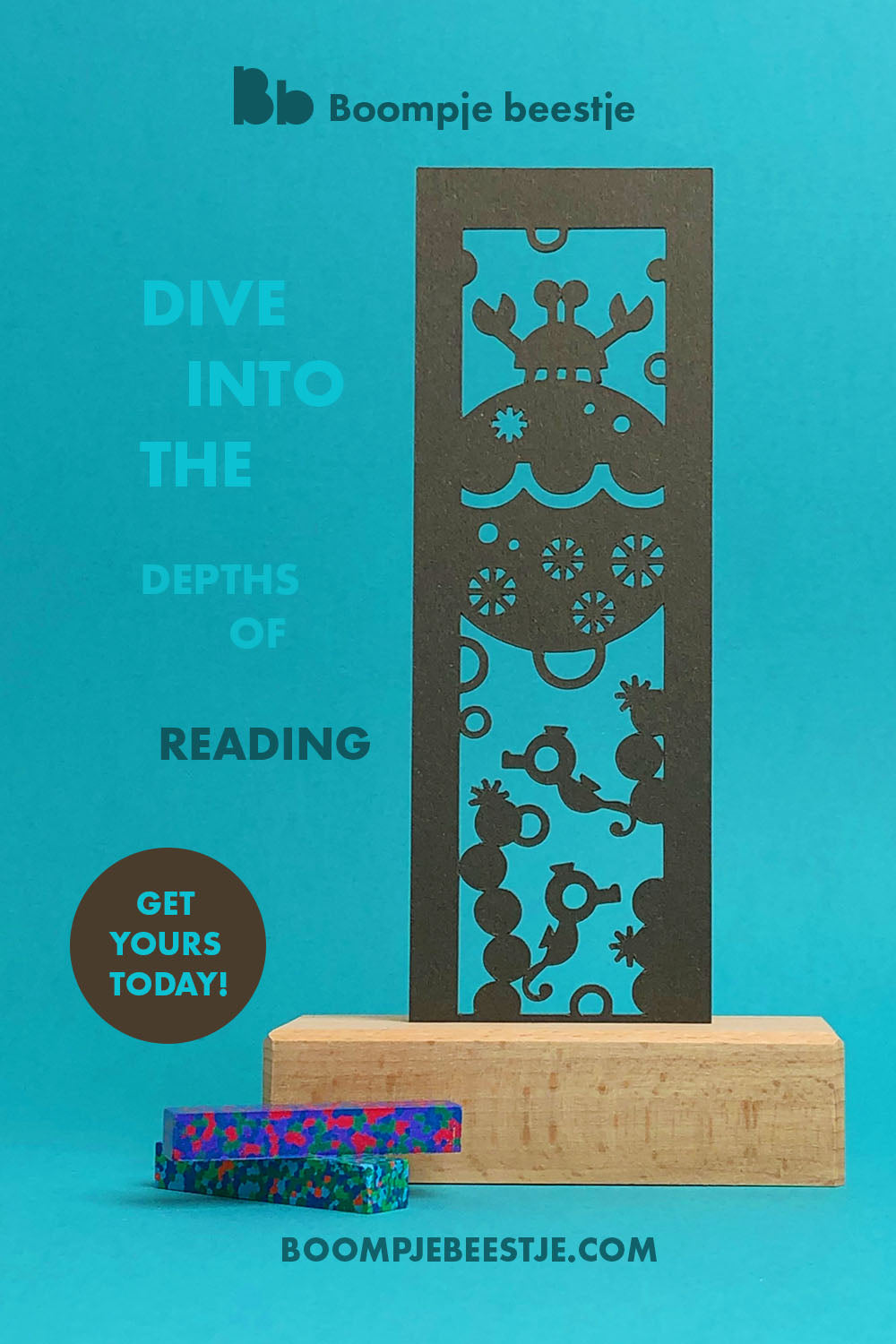 Bookmark with sea animals crab seahorses coral silhouette.
