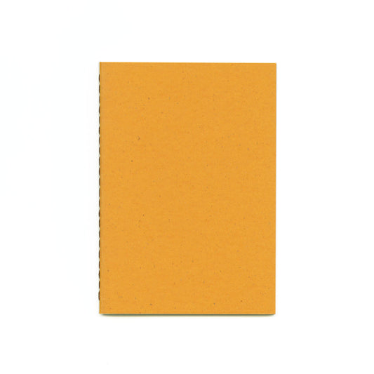 Yellow notebook with brown thread stitched spine.
