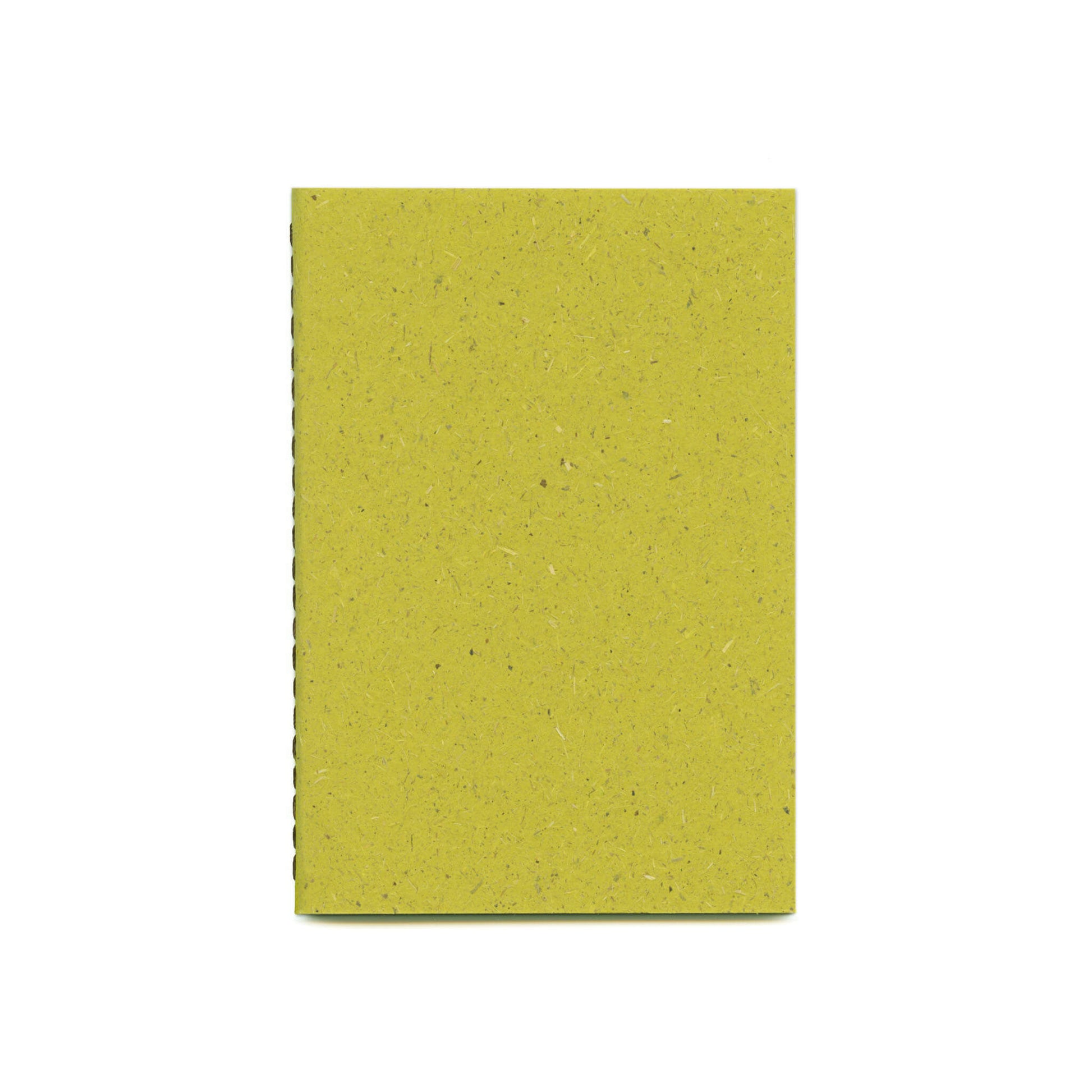 Green textured notebook with brown stitched spine.