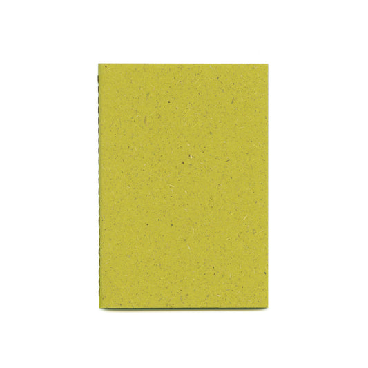 Green textured notebook with brown stitched spine.