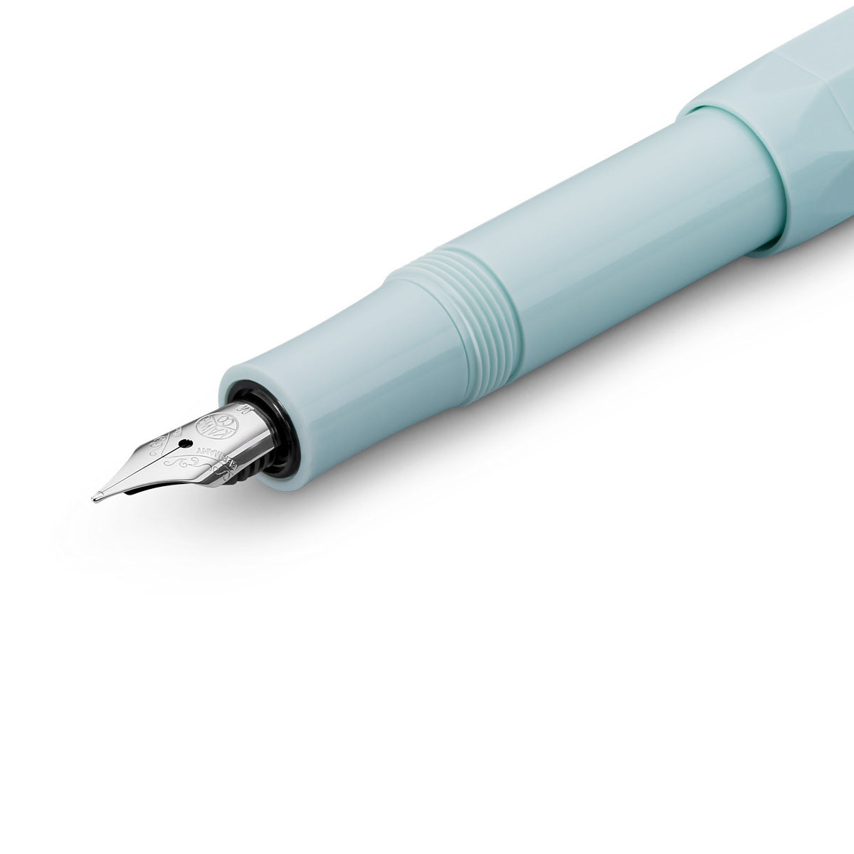 Silver medium nib pastel blue fountain pen.