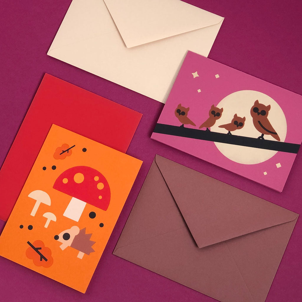 Autumn owls and hedgehogs with mushrooms illustrated greetingcards