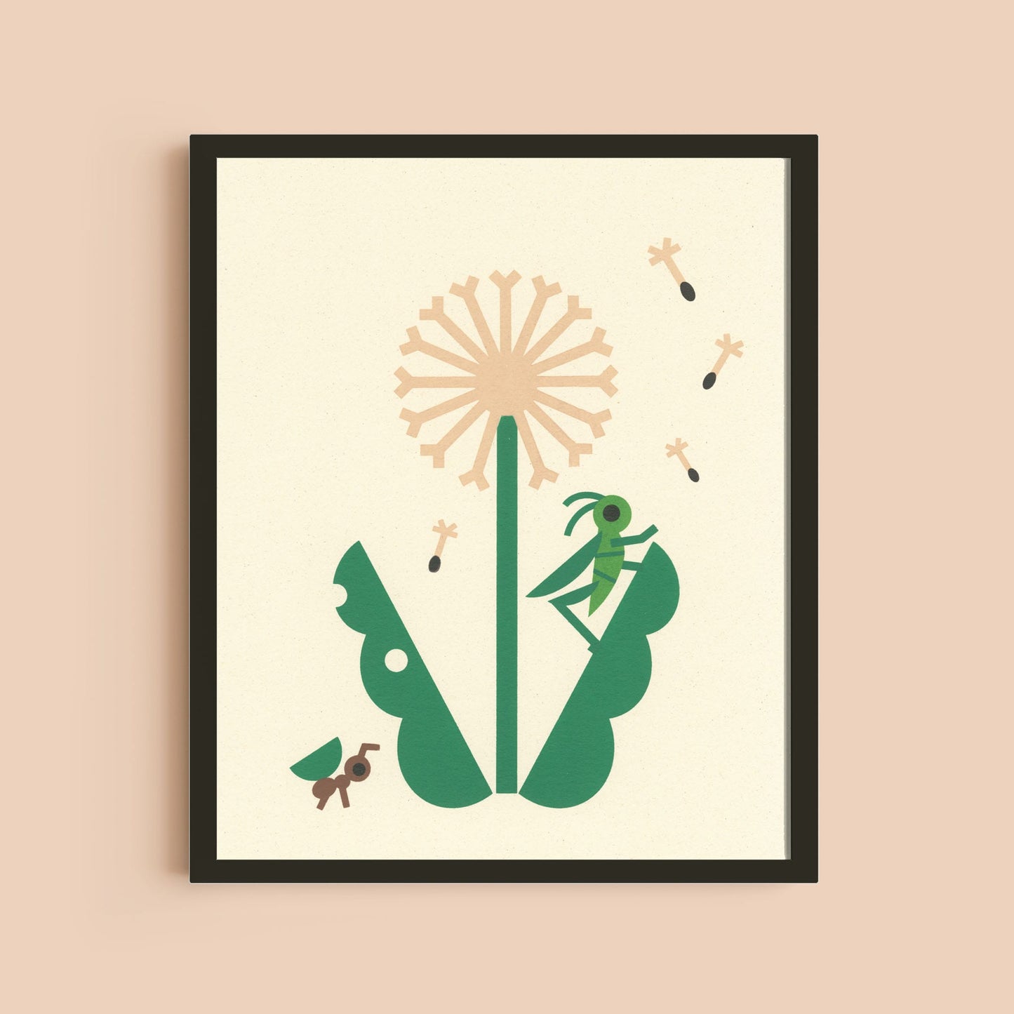 Framed Wall Art of an Illustrated bugs, an ant and cricket on a dandelion.