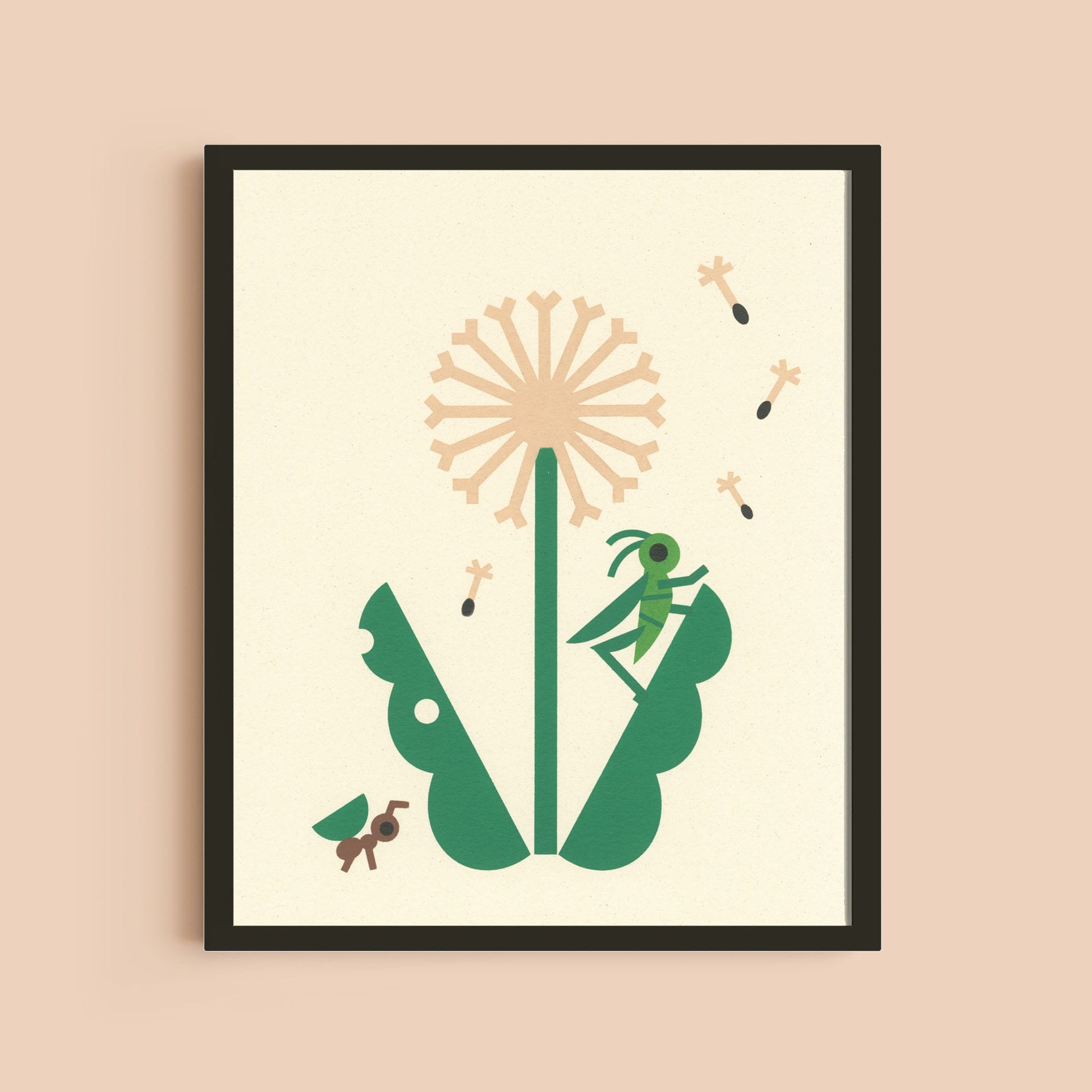Framed Wall Art of an Illustrated bugs, an ant and cricket on a dandelion.