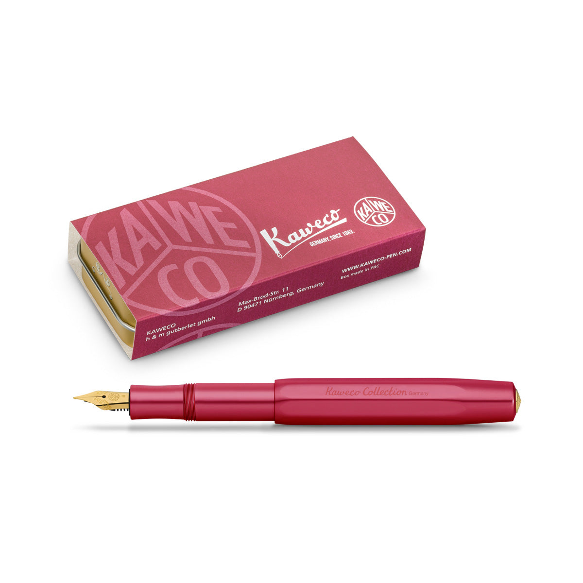 Red fountain pen with kaweco tin box