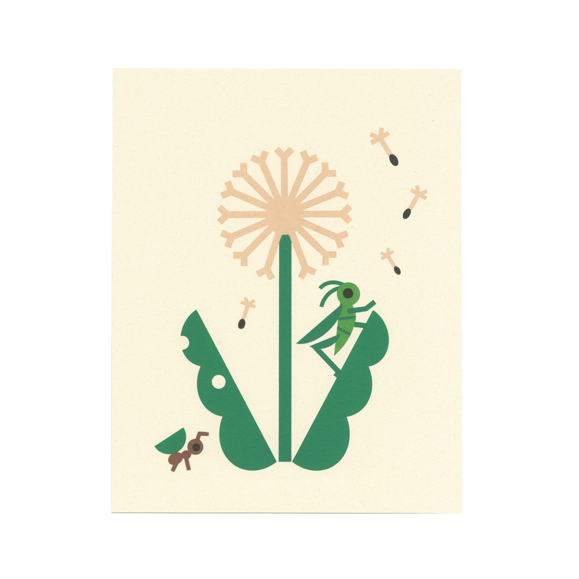 Art print featuring ant, cricket and dandelion illustration.