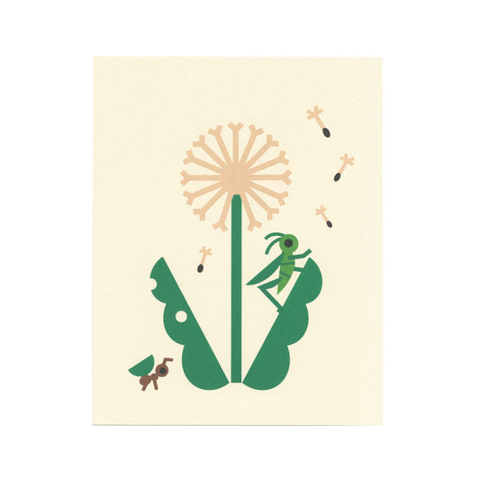 Art print featuring ant, cricket and dandelion illustration.