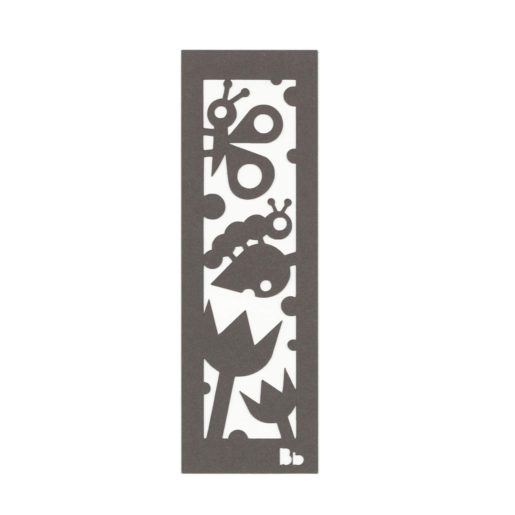 Paper bookmark with a caterpillar, butterfly, tulips and leaves cut art design.