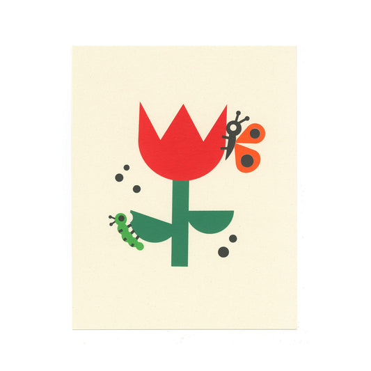 Art print with caterpillar and butterfly on a tulip illustration  Metamorphosis.