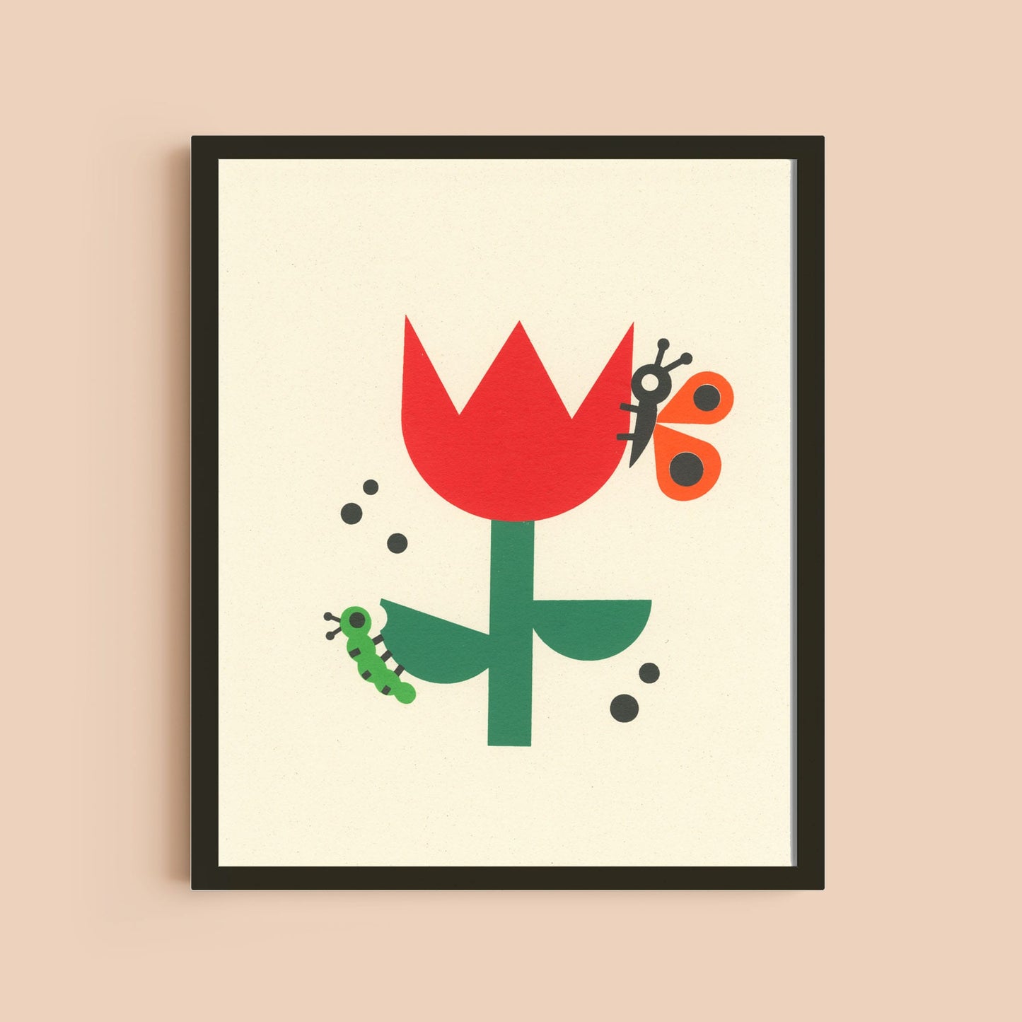 Caterpillar and butterfly on a tulip illustration framed on a wall.