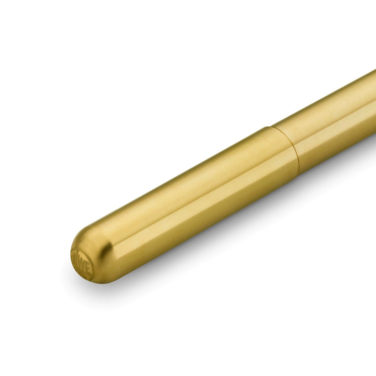 Close-up of the cap of a gold metallic pen with the 'Kaweco' logo on the top.
