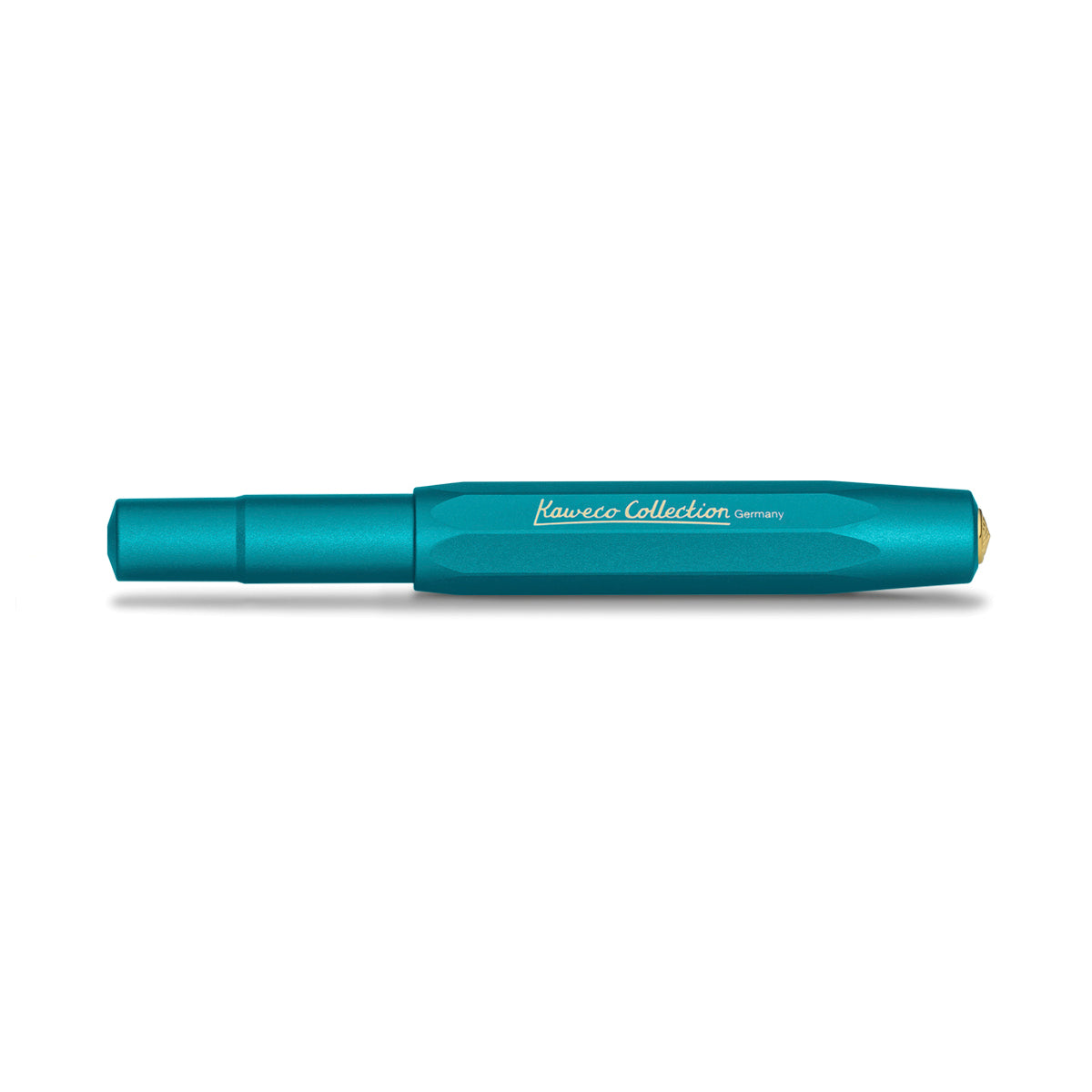 Turquoise blue-green pen with closed cap, with a gold inscription 'Kaweco Collection Germany,' placed on a white background.