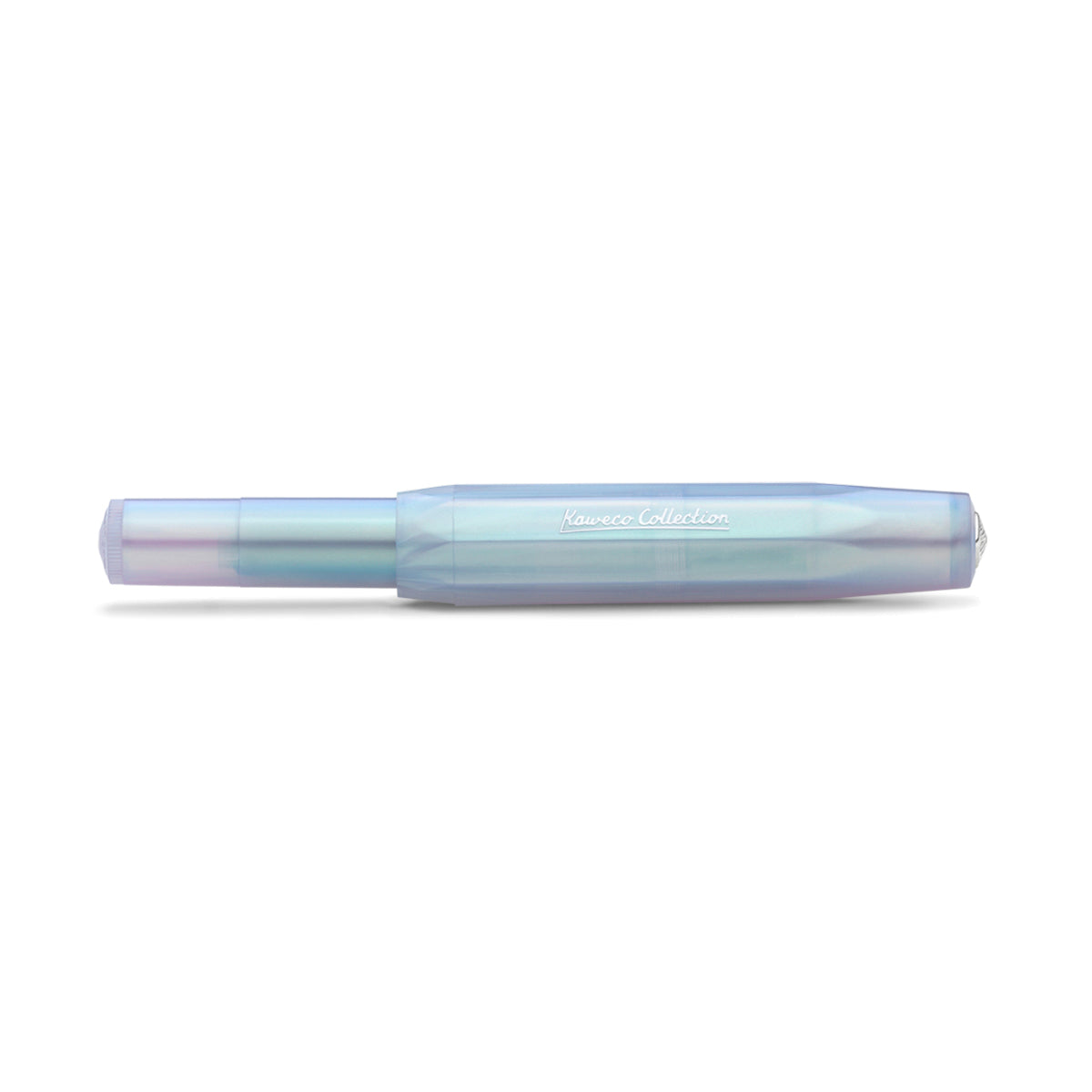 Translucent pen in a blending hues of blue, green, and purple, with the inscription 'Kaweco Collection,' closed and resting on a white background.