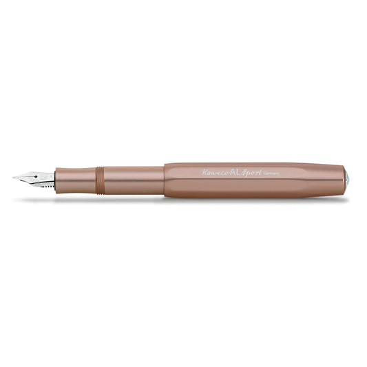 A matt rose-gold fountain pen on a white background.