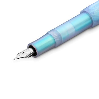Close-up view of a purple-blue fountain pen that has a silver nib with a 'Kaweco' logo and 'M' inscription.