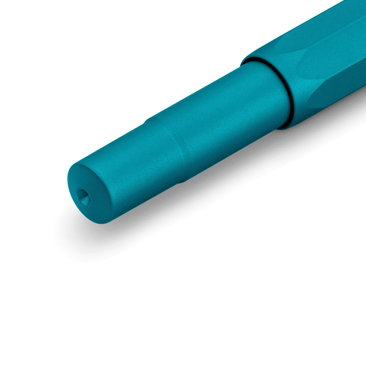 Close-up of the lower section of a matte metallic turquoise pen