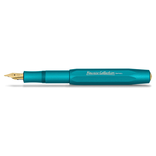 Turquoise blue-green fountain pen with a gold nib and inscription 'Kaweco Collection Germany,' resting on a white background.