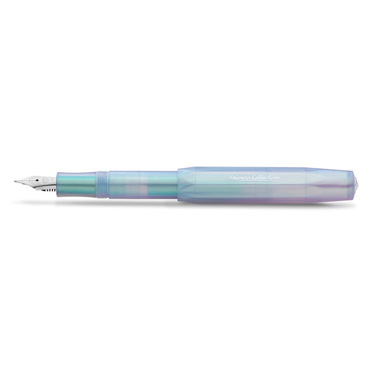 Translucent fountain pen in a mixed shade of blue, green, and purple, with an inscription that reads 'Kaweco Collection,' placed on a white background.