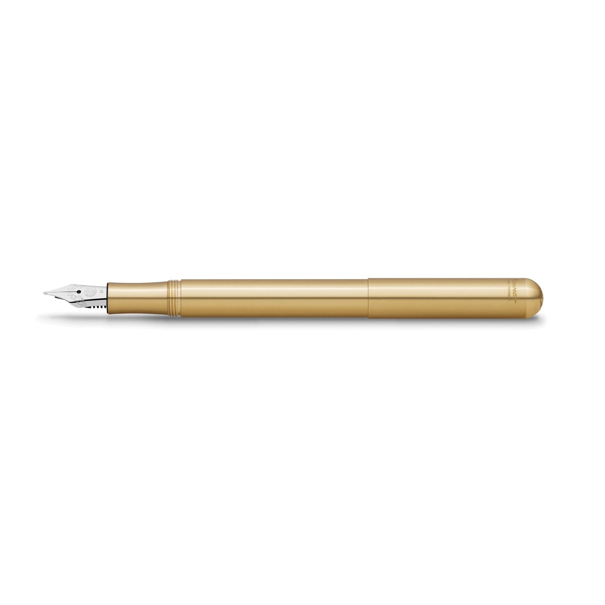 Metallic gold fountain pen with a silver nib, placed against a white background.