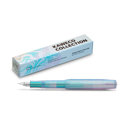 Translucent blue-purple fountain pen in front of a blue-tinged paper box with prominent 'KAWECO COLLECTION' lettering.