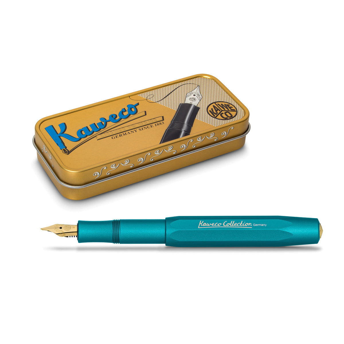 Turquoise blue-green fountain pen with a tin box in the background. The tin box has a 'Kaweco' sign with an illustration of a black fountain pen on the lid.
