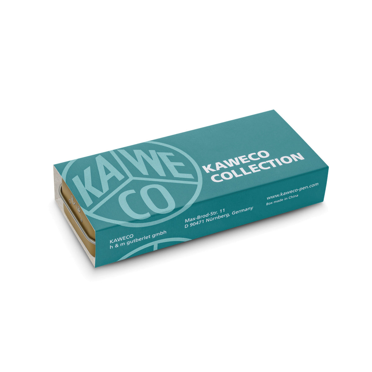 Tin box wrapped in a blue-green paper sleeve. The sleeve displays a 'KAWECO' logo and white text that reads 'KAWECO COLLECTION'.