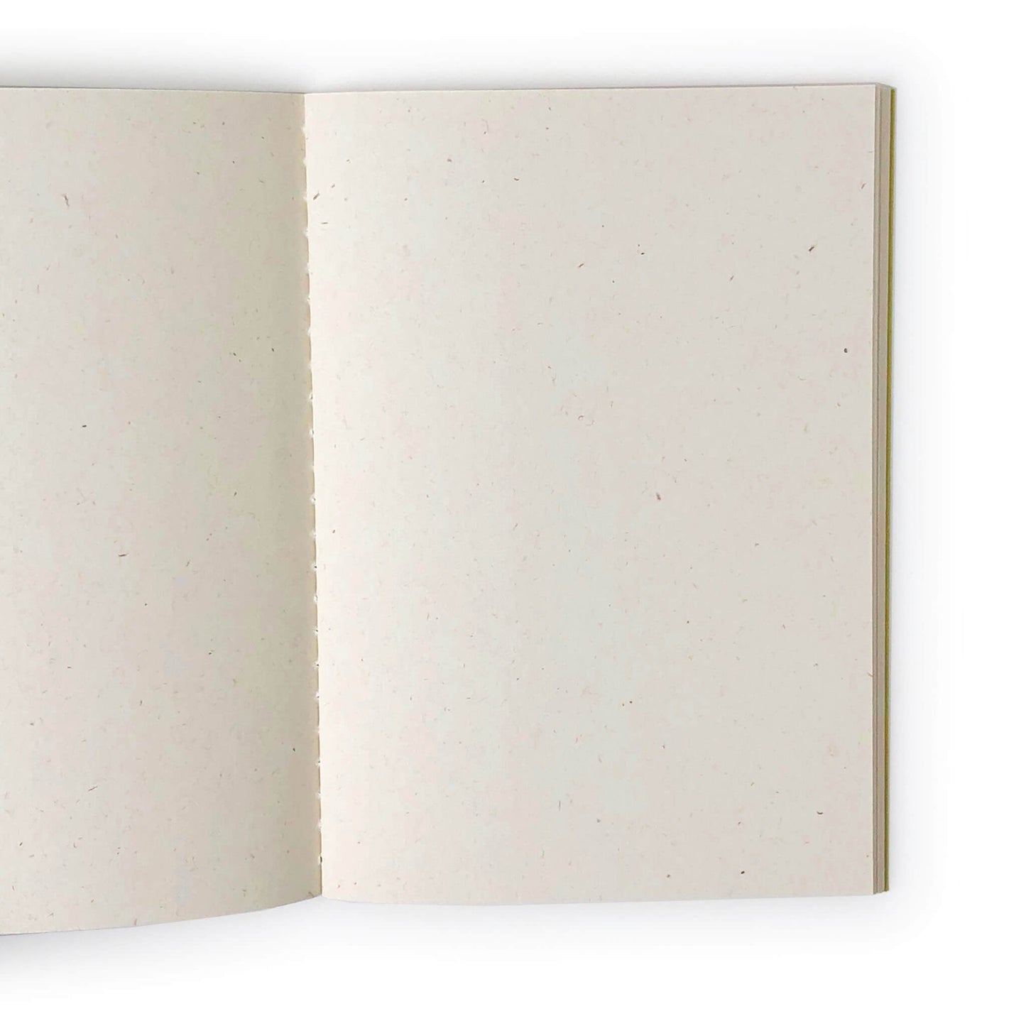 An opened notebook with smooth pulp-colored stitched blank pages inside.