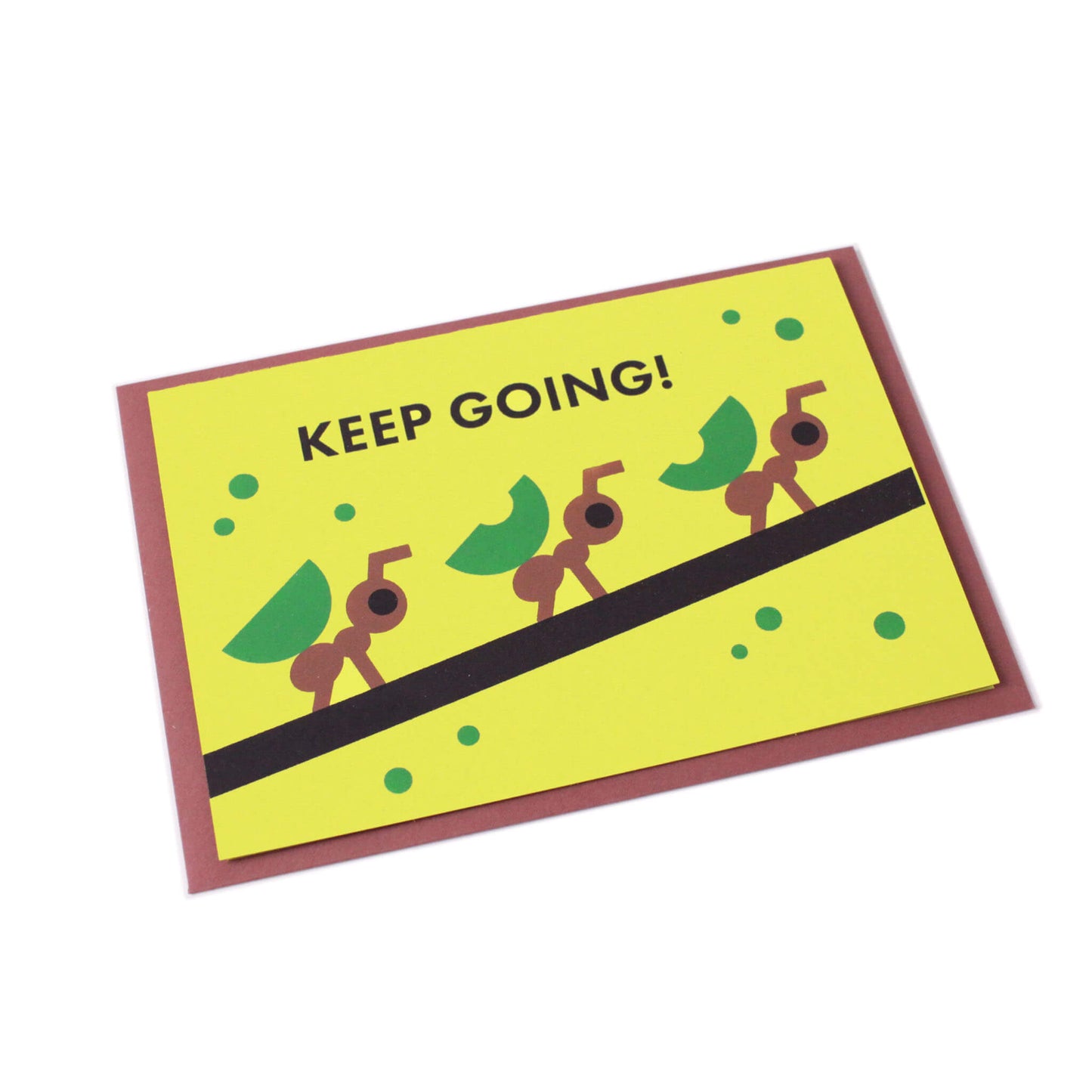 Green card featuring the text Keep going! and illustrated ants carrying leaves on a branch with a brown envelope.