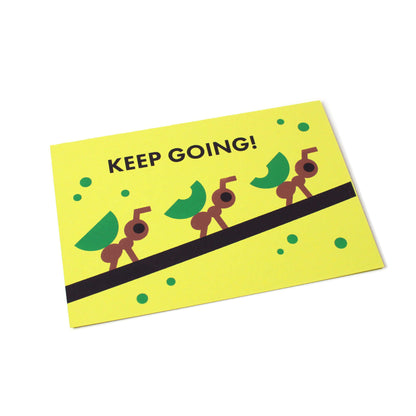  A green greeting card with an illustration of ants carrying leaves in a row on a branch, with the text 'Keep going!'.