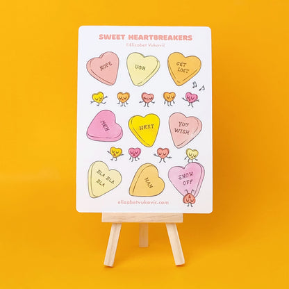 Anti Valentines Day Conversation candy hearts sticker sheet placed on a mini easel.