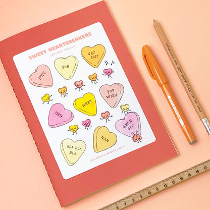 Sweet Heartbreakers Anti Valentines Candy Hearts Stickers beside pens.