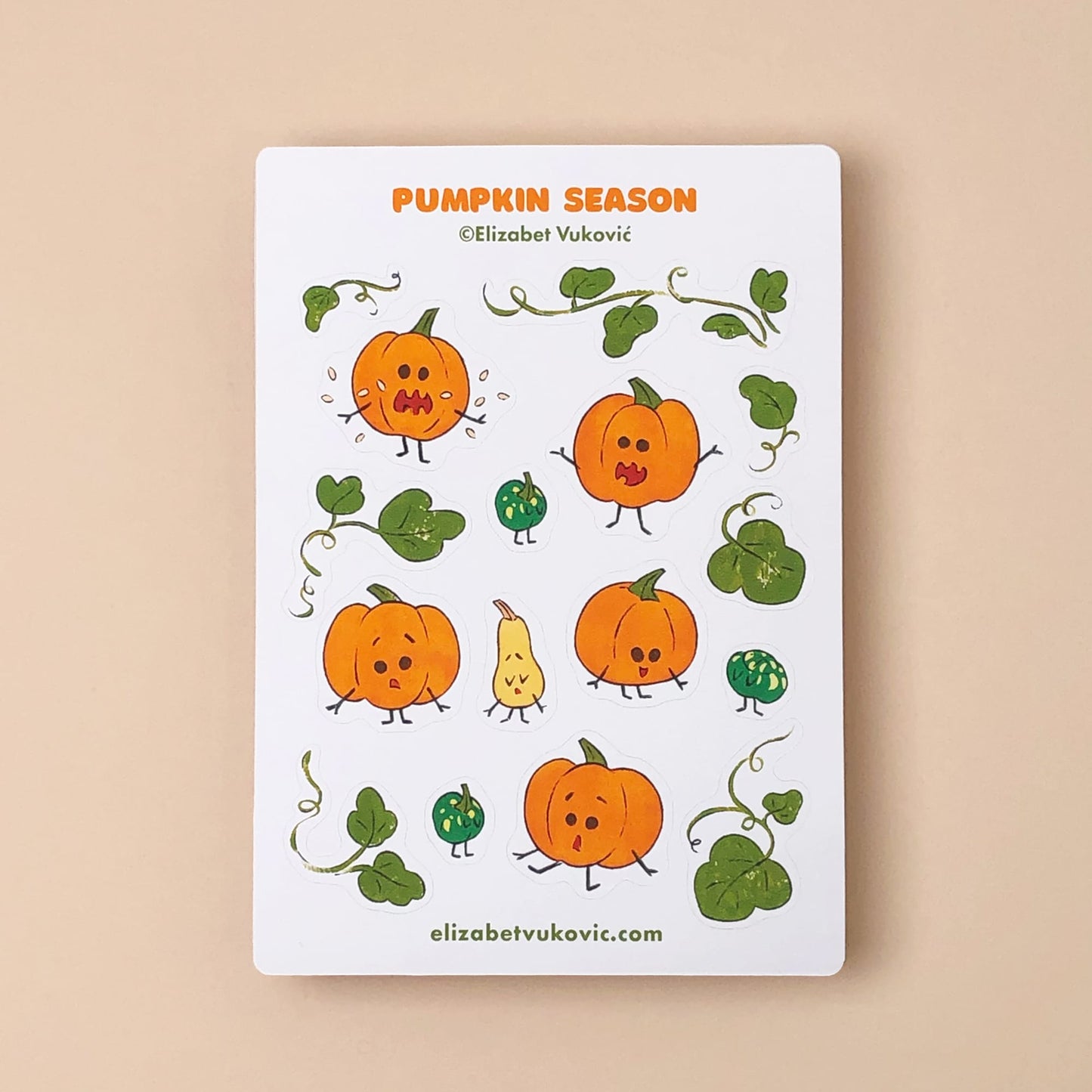 Pumpkin-themed sticker sheet titled Pumpkin Season by Elizabet Vukovic features illustrated pumpkins and leaves.