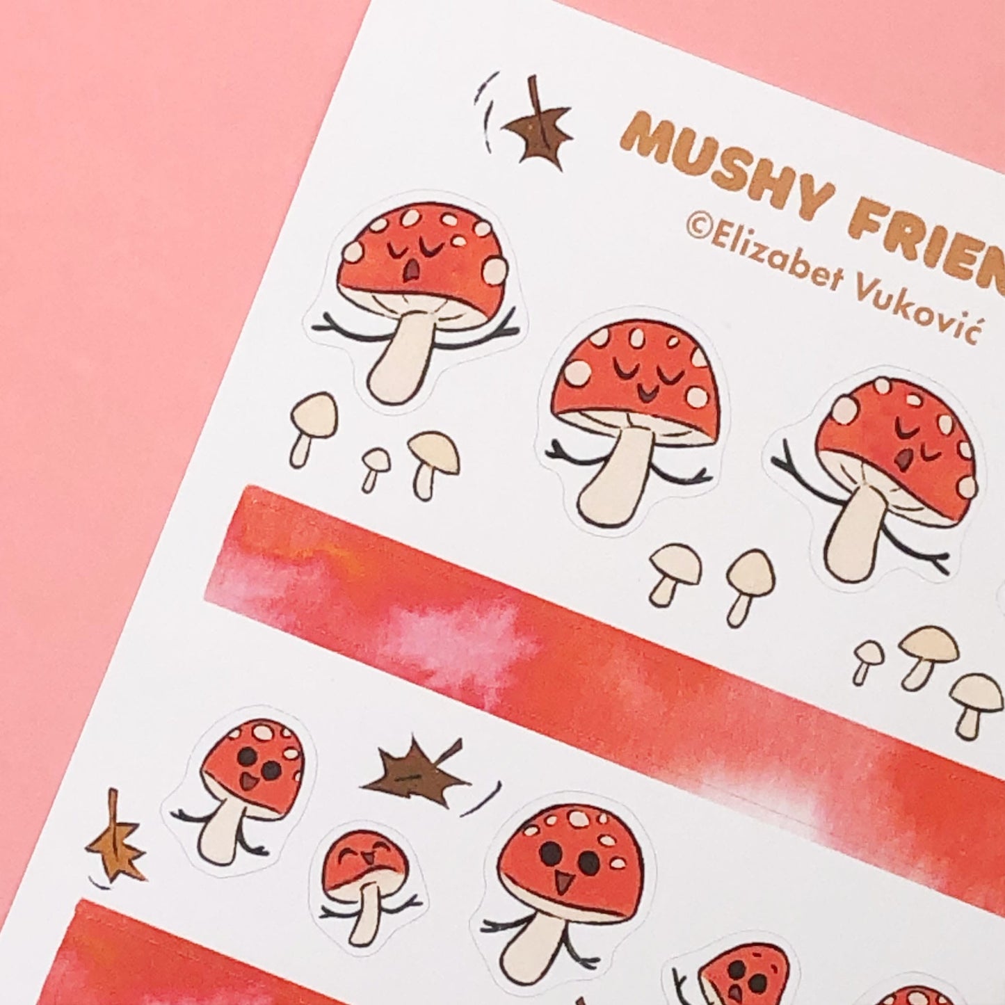 Red mushroom stickers and watercolor washi tape.