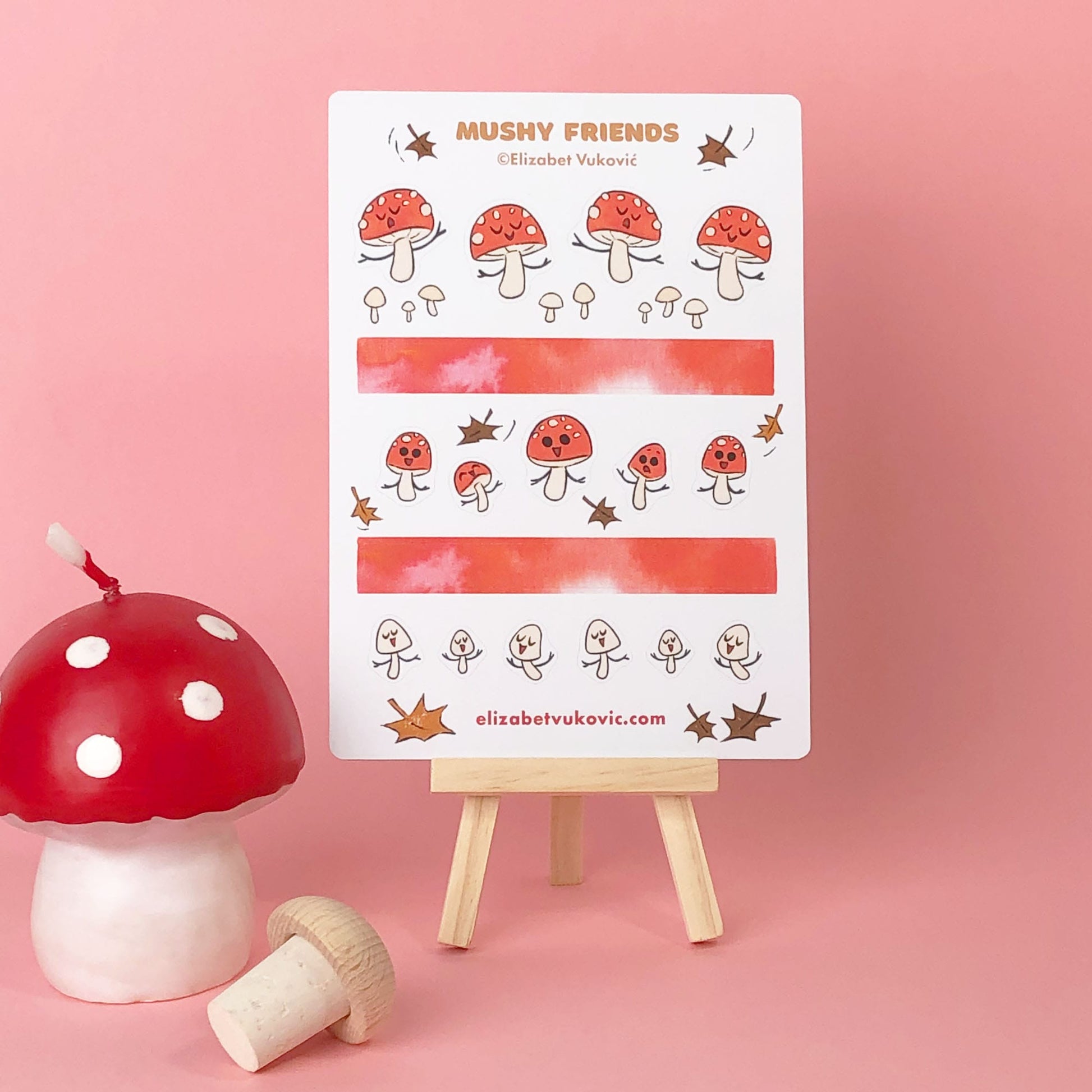 Fall mushroom sticker sheet beside a mushroom candle.