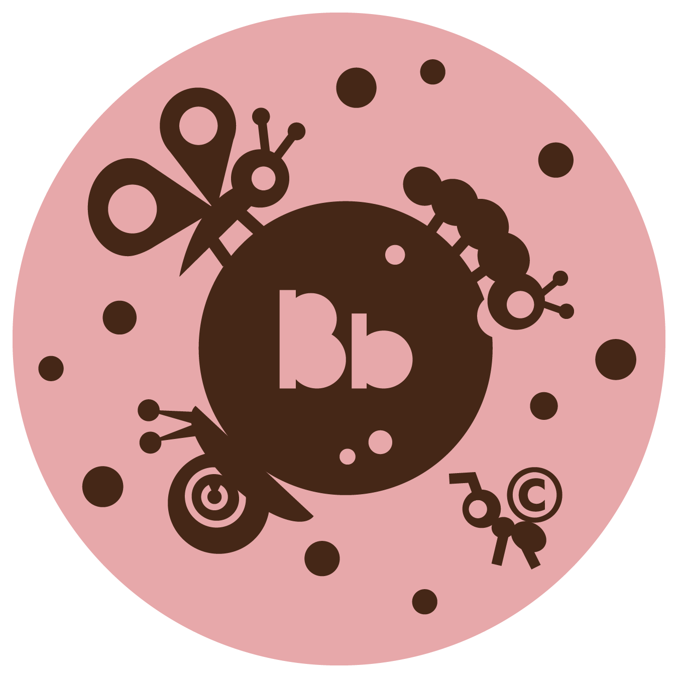 An illustrated brown butterfly, caterpillar, and snail are arranged on a circular shape, that contains the letters 'Bb'. Beneath the circle, an illustrated ant can be seen carrying the copyright symbol. The background is pink and is surrounded by dots.