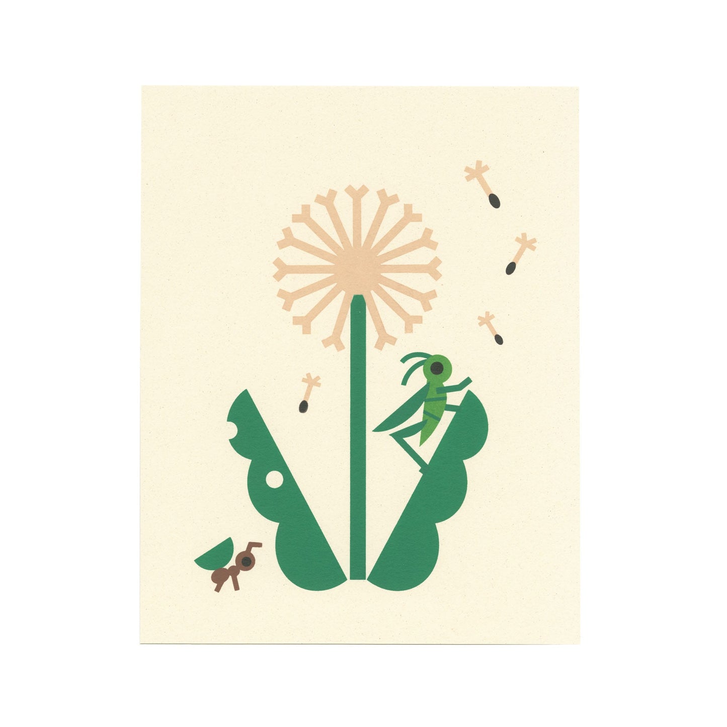 Art print featuring ant, cricket and dandelion illustration and signed pencil writing reads, 1/25 Harmony & Balance 2023.