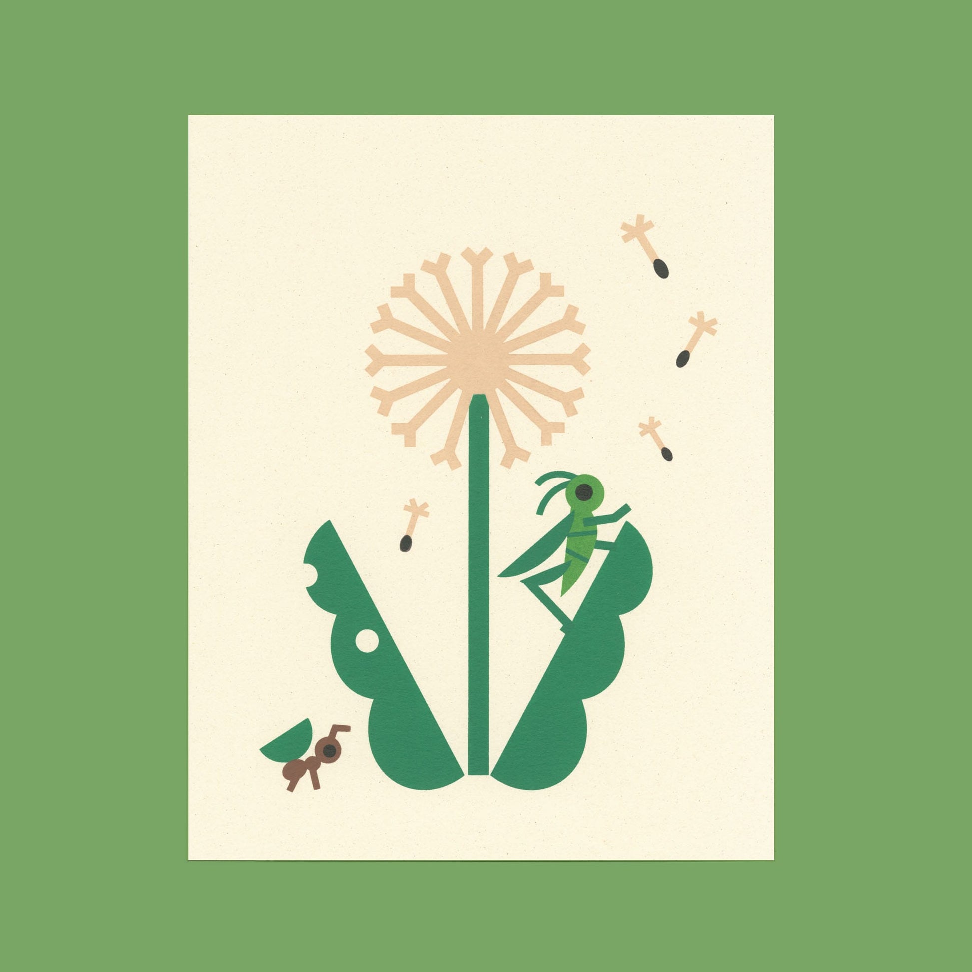 An illustration of an ant carrying a leaf and a cricket rests on a dandelion on an art print on off-white paper.  The print is displayed on a green background.
