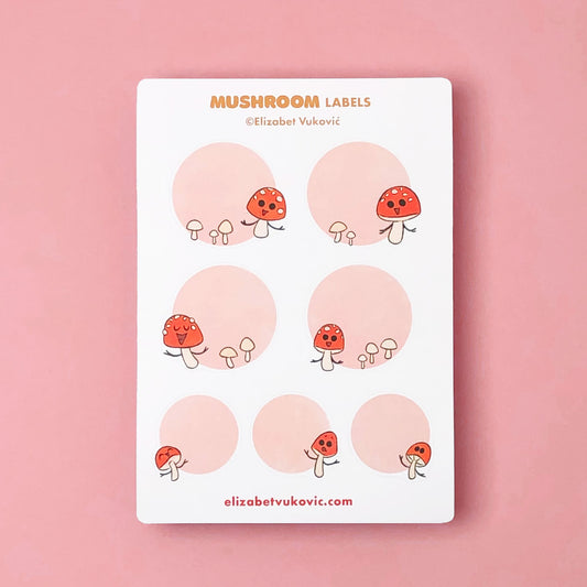 Pink round mushroom labels.