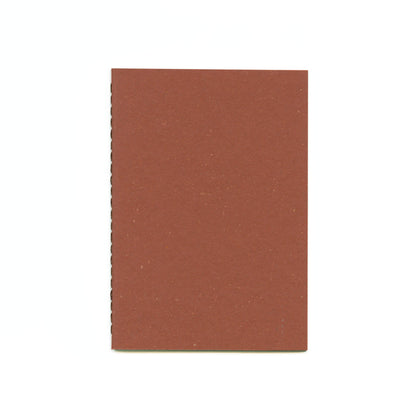 A red-brown textured notebook with brown thread stitched spine on a white background.