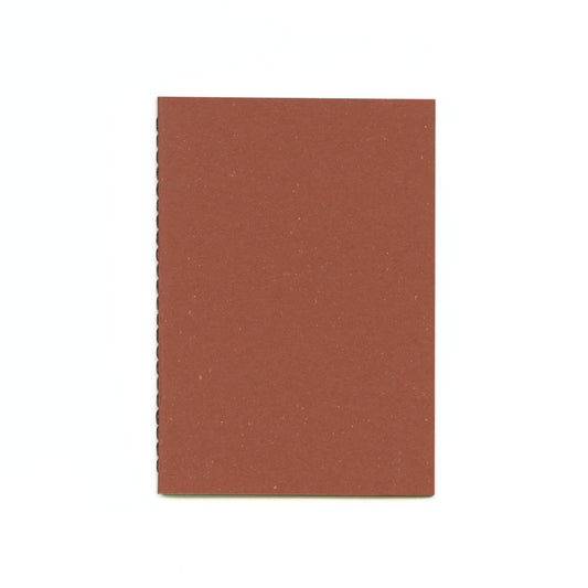 Red-brown textured notebook with brown thread stitched spine.