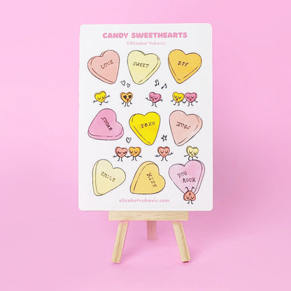 Candy Sweethearts Valentines sticker sheet  placed on a easel.